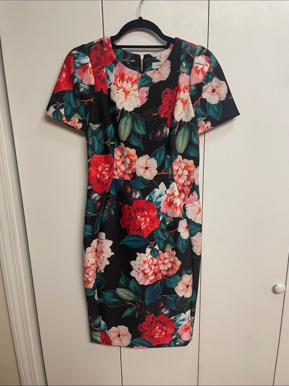 Calvin Klein Black Floral Midi Dress with Red and Pink Blooms
